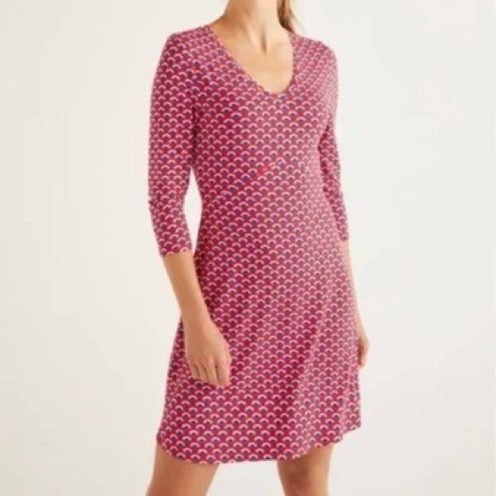 Boden Red Navy Geometric Rainbow Print V Neck 3/4 Sleeve Cute Tunic Dress 4
